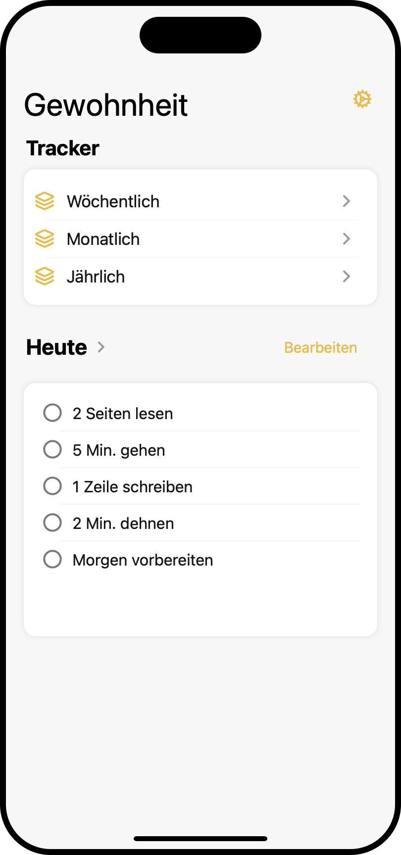 Color Your Habit Startseite mit fünf bereits eingerichteten kleinen Gewohnheiten