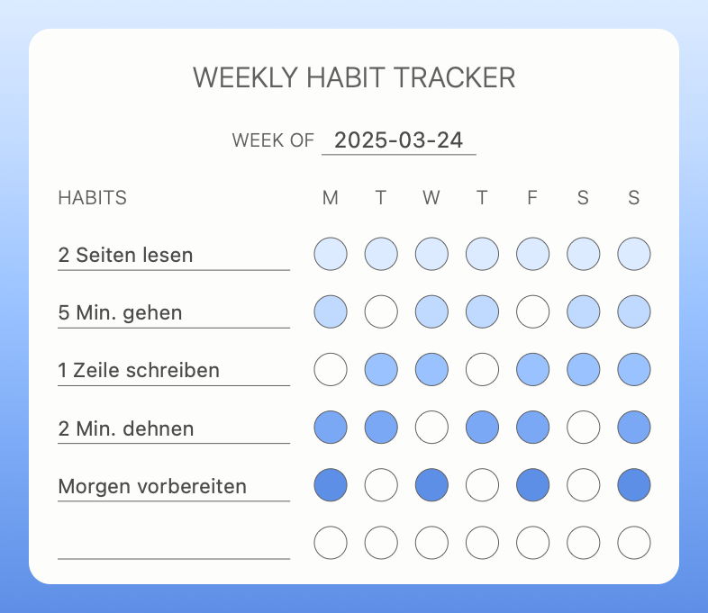 Color Your Habit Wochenansicht mit fünf kleinen Gewohnheiten und ausgefüllten Feldern