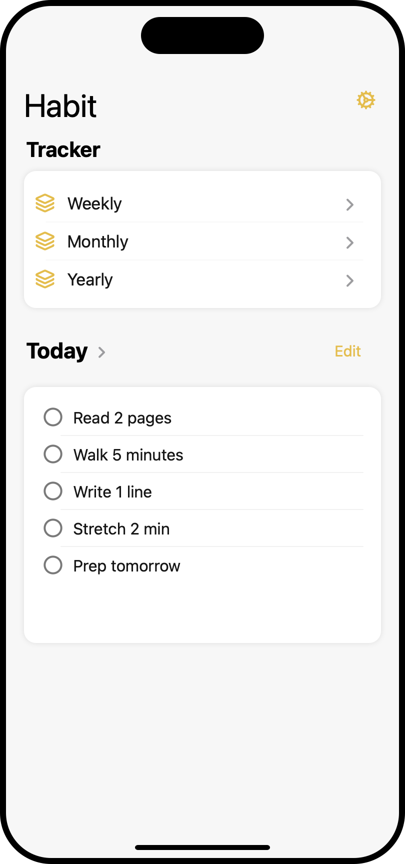 Color Your Habit home screen with five small habits already set up