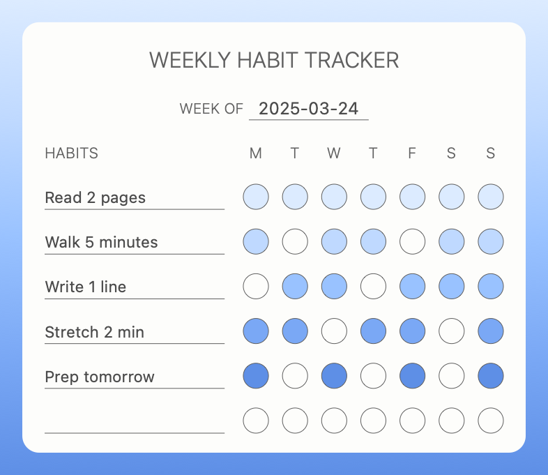 Color Your Habit weekly canvas showing five tiny habits and completed cells