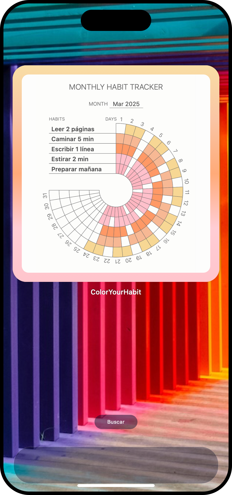 Widget de Color Your Habit en la pantalla de inicio del teléfono con cinco hábitos pequeños y el registro mensual