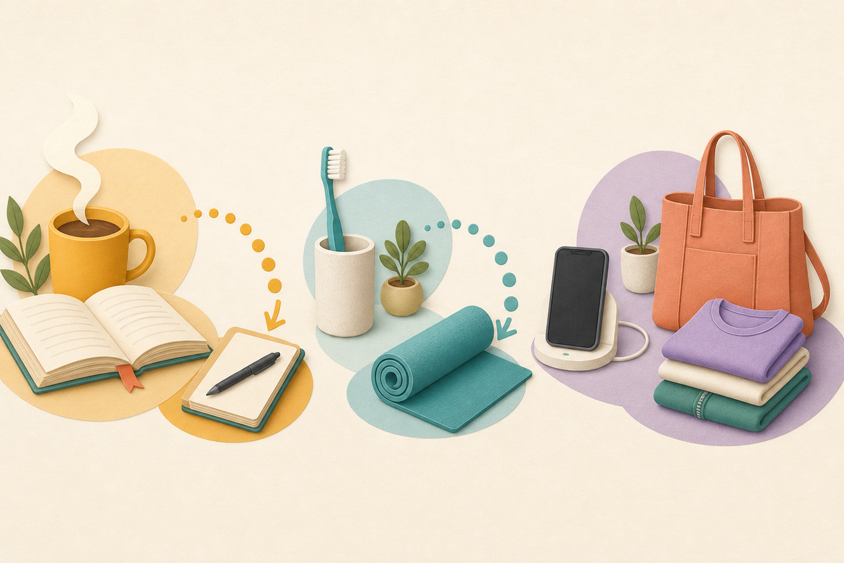 Illustration de l’empilement d’habitudes reliant le café à la lecture, le brossage des dents aux étirements et la recharge du téléphone à la préparation du lendemain