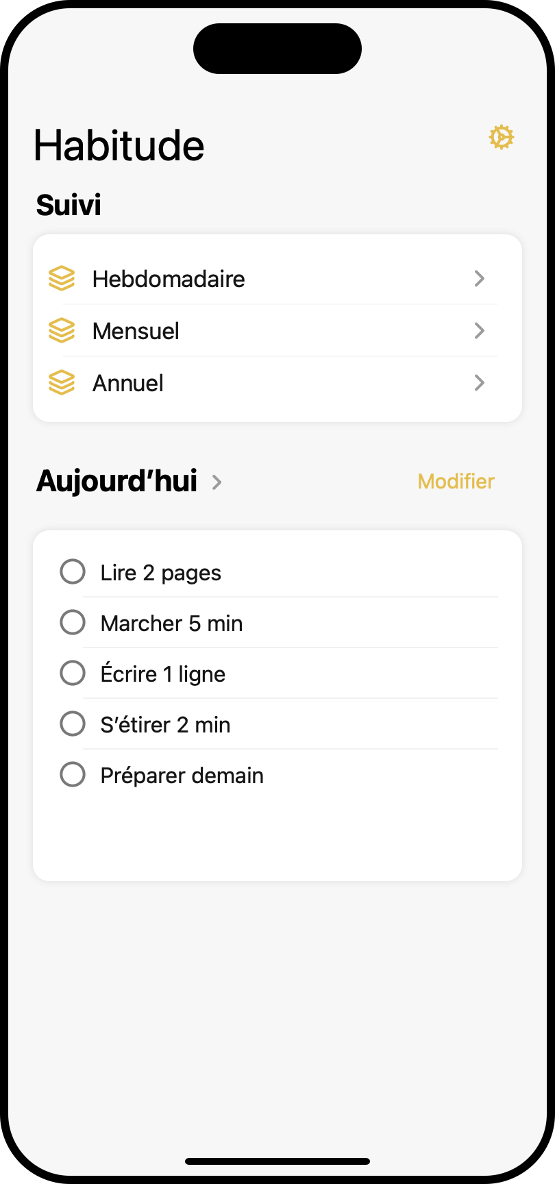 Écran d’accueil de Color Your Habit avec cinq petites habitudes déjà configurées