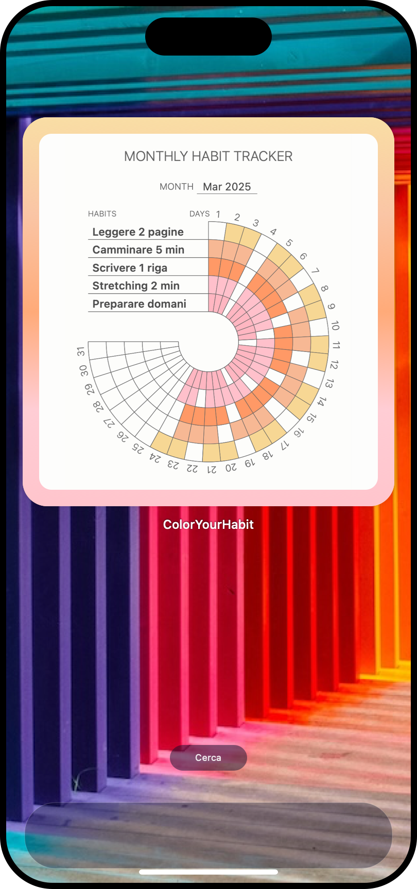 Widget di Color Your Habit nella schermata Home del telefono con cinque piccole abitudini e il riepilogo mensile