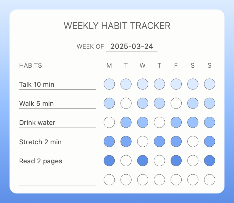 Color Your Habit weekly canvas showing the days five replacement routines were completed