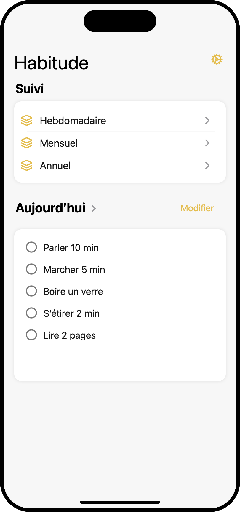 Écran d’accueil de Color Your Habit avec cinq routines de remplacement